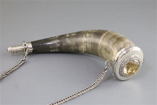A George IV silver and citrine mounted horn combination snuff mull/powder flask by Mary Ann & Charles Reilly, flask approx. 30.5cm.